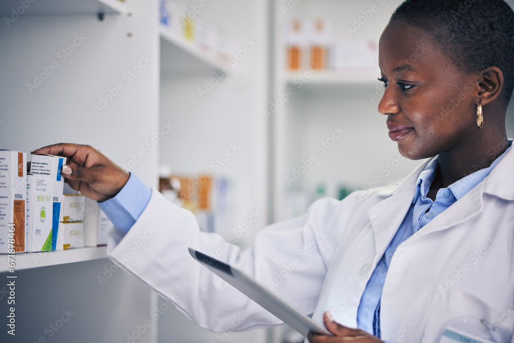 Black woman, tablet and pharmacist with checklist for pills, stock of medicine or information on drugs. Digital list, pharmacy and medical professional with box for online inventory for telehealth. Black woman, tablet and pharmacist with checklist for pills, stock of medicine or information on drugs. Digital list, pharmacy and medical professional with box for online inventory for telehealth.