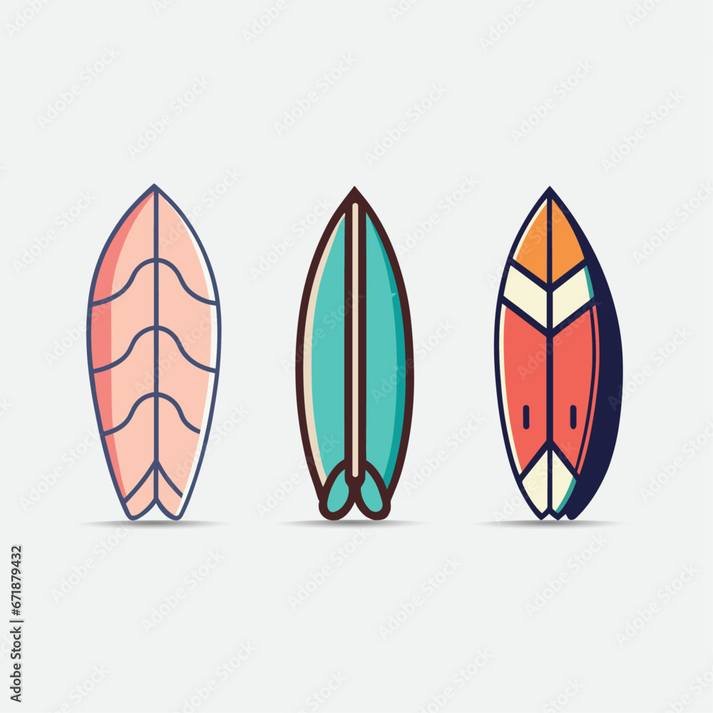 The surfboard icon set in a flat style. Surfboard vector illustration The surfboard icon set in a flat style. Surfboard vector illustration