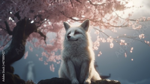 Beautiful cherry blossom female fox meditation magic Ai generated art