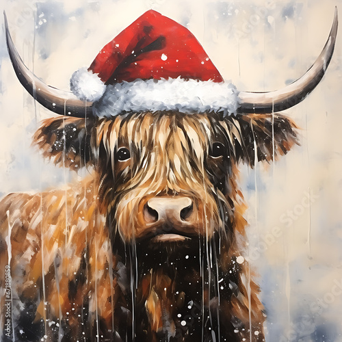 Highland Cow Wearing Santa Hat Christmas Wall Art Printable