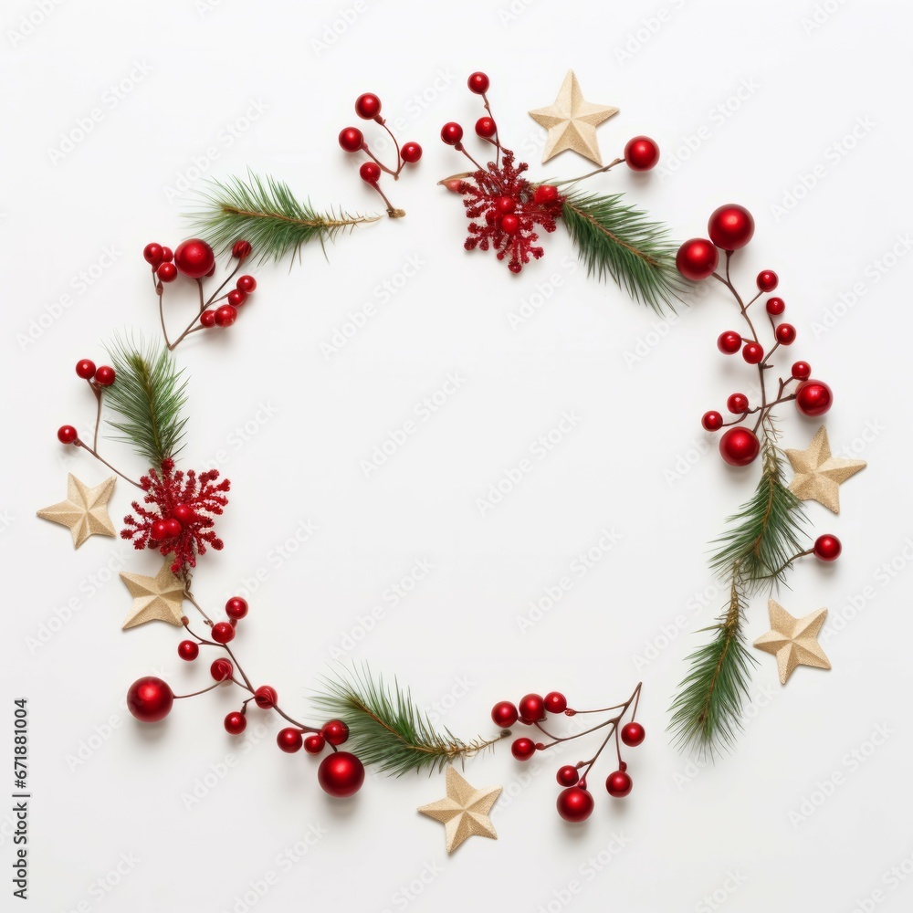 Top view christmas composition. Christmas wreath made of golden decorations, fir tree branches on isolated white background and flat lay with copy space Top view christmas composition. Christmas wreath made of golden decorations, fir tree branches on isolated white background and flat lay with copy space