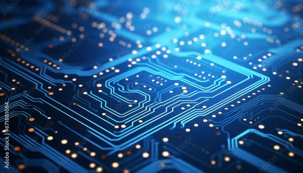 High tech circuit board and creative blurry blue circuit wallpaper background. Technology and computing concept photo. Network Tech Background