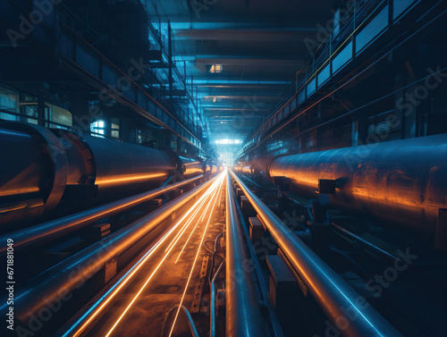 A dark blue workshop of a pipe rolling or steel mill with a long conveyor line and a red-hot glowing pipe on the conveyor. Manufacturing of steel pipes or reinforcing bars © hodim