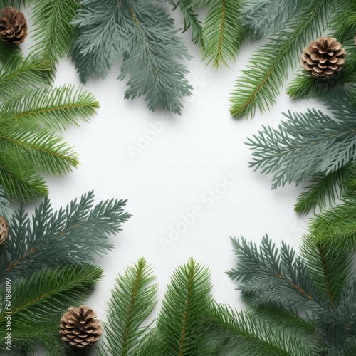 Top view christmas frame made of fir branches  red berries. Christmas wallpaper background and Flat lay with copy space