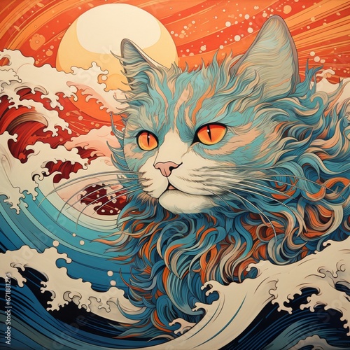 Beautiful colorful cat mountain artwork painting wallpaper image AI generated art