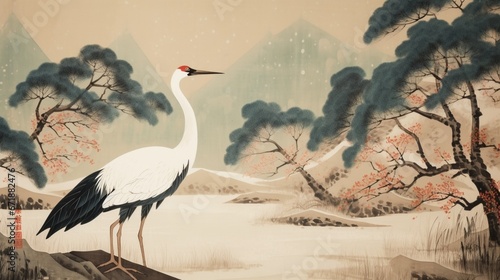 Beautiful cranes bird mountain tree acrylic painting wallpaper image AI generated art photo