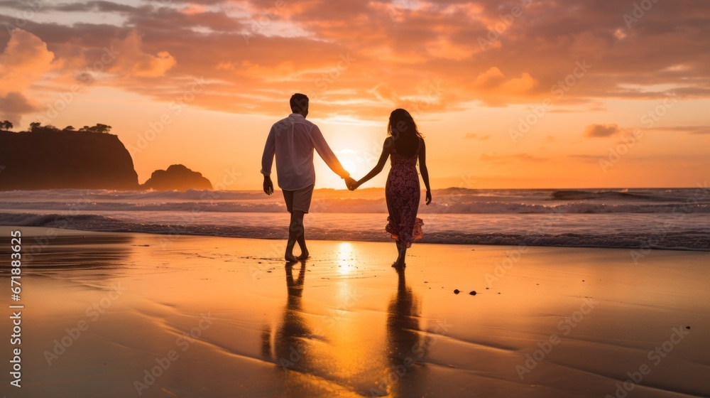 A couple holding hands, walking along the beach during a beautiful sunset on Valentine's Day