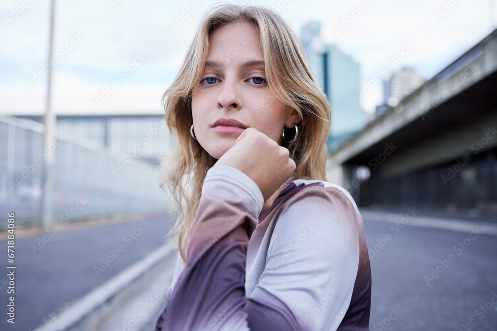 Woman in city street, fashion portrait for blonde model and gen z style in New York road. Outdoor winter clothes, natural makeup beauty on face and cool caucasian girl closeup in urban lifestyle