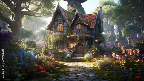 Beautiful flower garden hidden fairy house fantasy wallpaper image AI generated art
