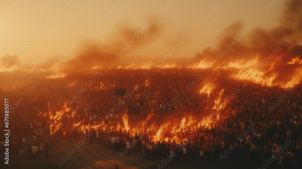 abstract, Throngs Watching Bonfire in Crowded Field.