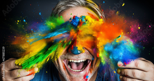 Middle-Aged Man Surrounded by Colorful Paint Splatter, Expressing Joy and Surprise.
