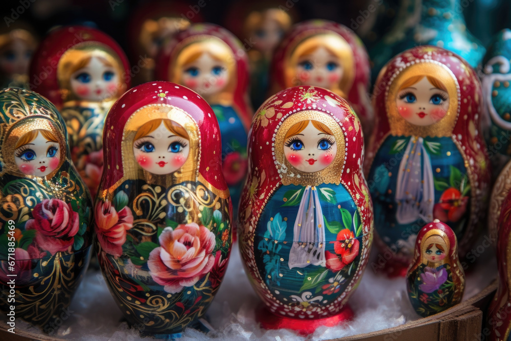 Closeup of a set of Russian matryoshka dolls, each one meticulously handpainted with traditional folk designs.