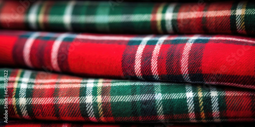 Closeup of a cozy wool plaid fabric in traditional Christmas colors of red, green, and white, perfect for creating a cozy and festive atmosphere.