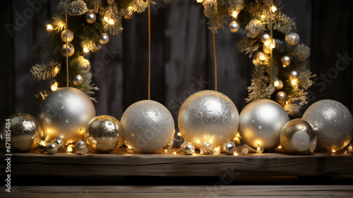 A group of silver and gold bokeh lights, ed together like a modern Christmas wreath, hanging above a vintage wooden sled.