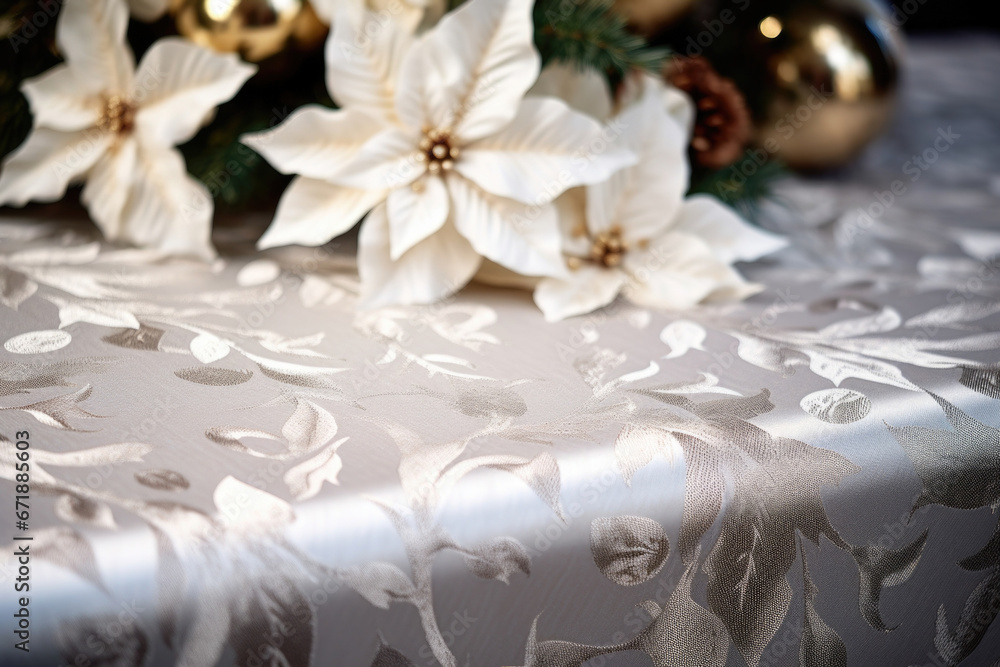 Detailed view of a white and silver damask tablecloth, featuring a repeating pattern of elegant poinsettias and delicate ornamental scrolls. Detailed view of a white and silver damask tablecloth, featuring a repeating pattern of elegant poinsettias and delicate ornamental scrolls.