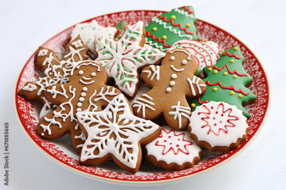 A platter of festive gingerbread cookies, decorated with dairyfree icing and sprinkles in various holiday shapes and designs. These sweet treats are a perfect addition to any Christmas cookie A platter of festive gingerbread cookies, decorated with dairyfree icing and sprinkles in various holiday shapes and designs. These sweet treats are a perfect addition to any Christmas cookie