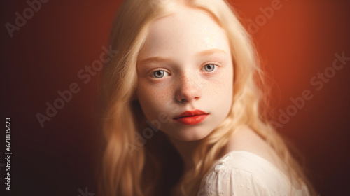 Young  blue-eyed girl with red lipstick smile in a confident close-up against a vibrant red background