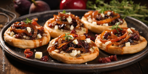 An array of savory tarts, featuring toppings like caramelized onions and brie, prosciutto and figs, and roasted tomatoes and goat cheese. photo