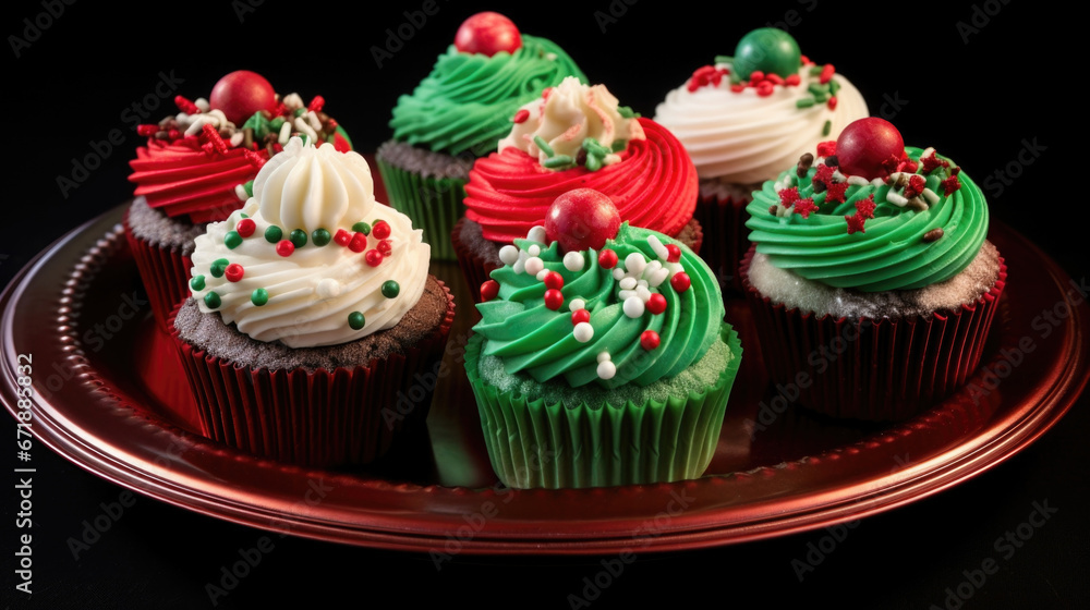 A platter of boldlycolored holidaythemed cupcakes, each one topped with a different design made out of piped frosting. A platter of boldlycolored holidaythemed cupcakes, each one topped with a different design made out of piped frosting.