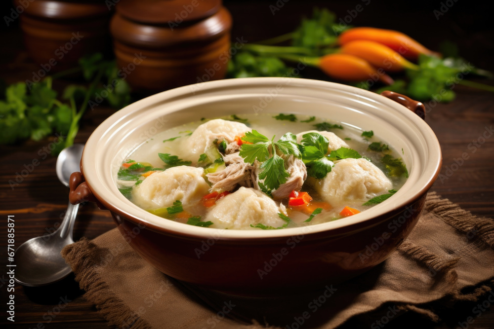 A warm and comforting bowl of leftover turkey and dumpling soup, made with a flavorful broth and tender chunks of leftover turkey and veggies.