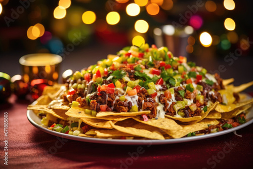 A festive plate of Christmas nachos, made from using leftover meat, beans, and vegetables from holiday dinner dishes, all topped with melted cheese and homemade salsa. photo