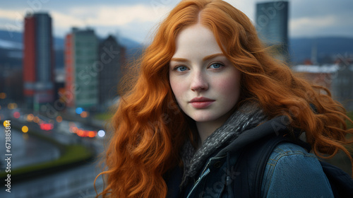 Young red-haired woman in grey sweater gazes at city skyline, lost in contemplation amid the urban hustle and bustle. © wetzkaz