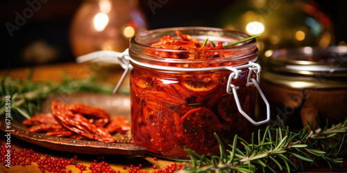 Closeup of a jar of homemade sundried tomatoes, preserved in olive oil and herbs, tied with a sprig of rosemary for a touch of holiday greenery. photo