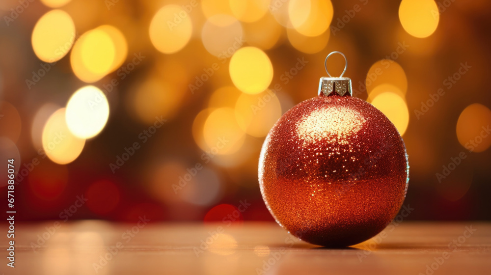 Golden bokeh lights reflecting on a shiny red ornament, highlighting its intricate details and adding depth to the image. Golden bokeh lights reflecting on a shiny red ornament, highlighting its intricate details and adding depth to the image.