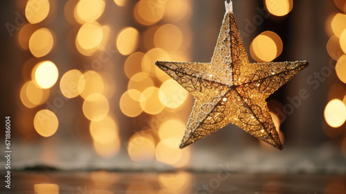 Closeup of a sparkling starshaped decoration, catching the light and adding a festive touch to any room.