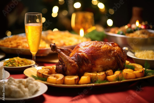 Closeup of a traditional Noche Buena feast in the Philippines, filled with a variety of dishes such as lechon roasted pig and bibingka rice cake. This feast usually takes place on Christmas