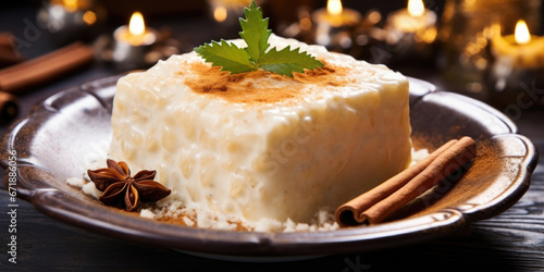 Closeup of a square of creamy, cinnamoned Arroz con Leche, a traditional rice pudding dessert enjoyed during Christmas time in many Latin American countries.