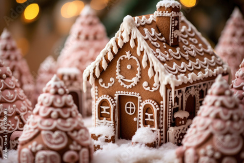 Closeup of a festive gingerbread house, its walls and roof painstakingly constructed from sweet gingerbread and held together with layers of creamy royal icing.