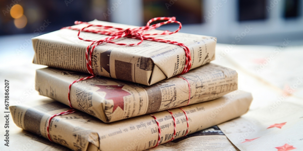 Closeup of a stack of presents wrapped in recycled newspaper, showcasing a creative and ecofriendly alternative to traditional wrapping paper. - obrazy, fototapety, plakaty 