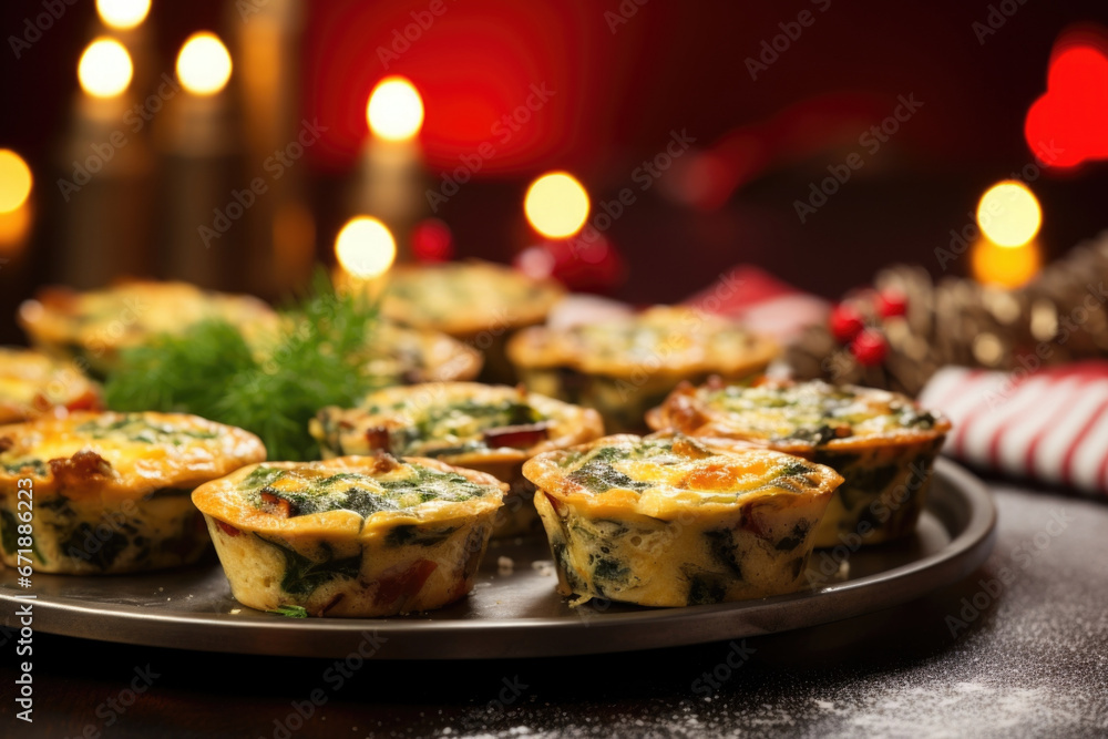 Closeup of a tray of mini paleo quiches, made with a grainfree crust and filled with spinach, mushrooms, and bacon. - obrazy, fototapety, plakaty 