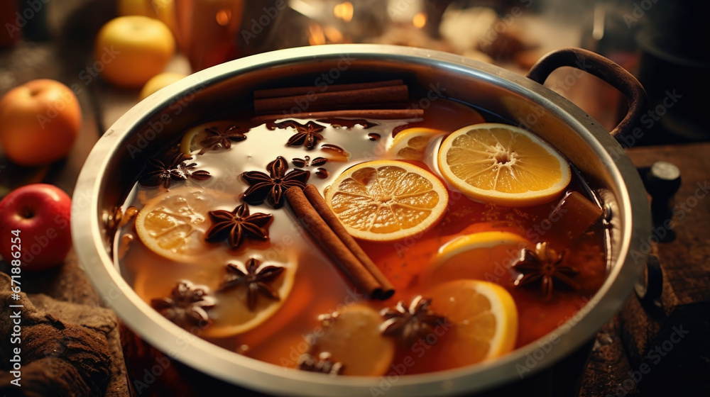 Detailed shot of a bubbling pot of ed apple cider, made from using apple cores, peels, and other ss to create a fragrant and wastefree holiday beverage.