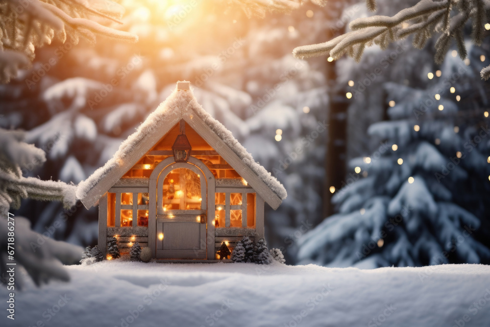 A peaceful cabin in the woods, surrounded by trees laden with snow, the ideal backdrop for a morning meditation or yoga session, connecting with the magic and peace of the holiday season. - obrazy, fototapety, plakaty 