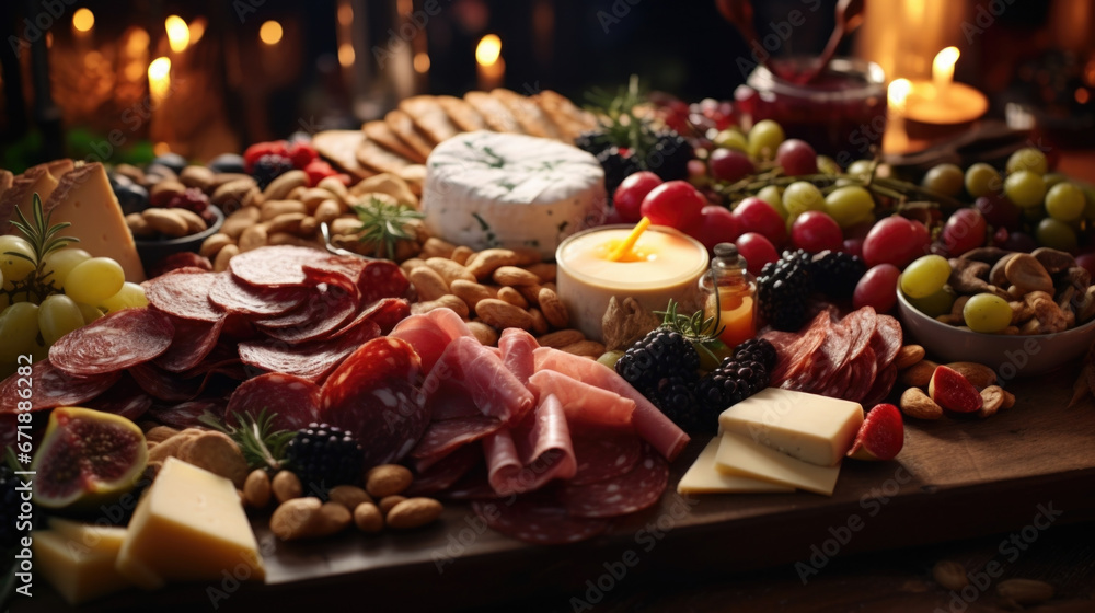 A tray of festive keto charerie, featuring cured meats, a variety of cheeses, olives, and roasted nuts.