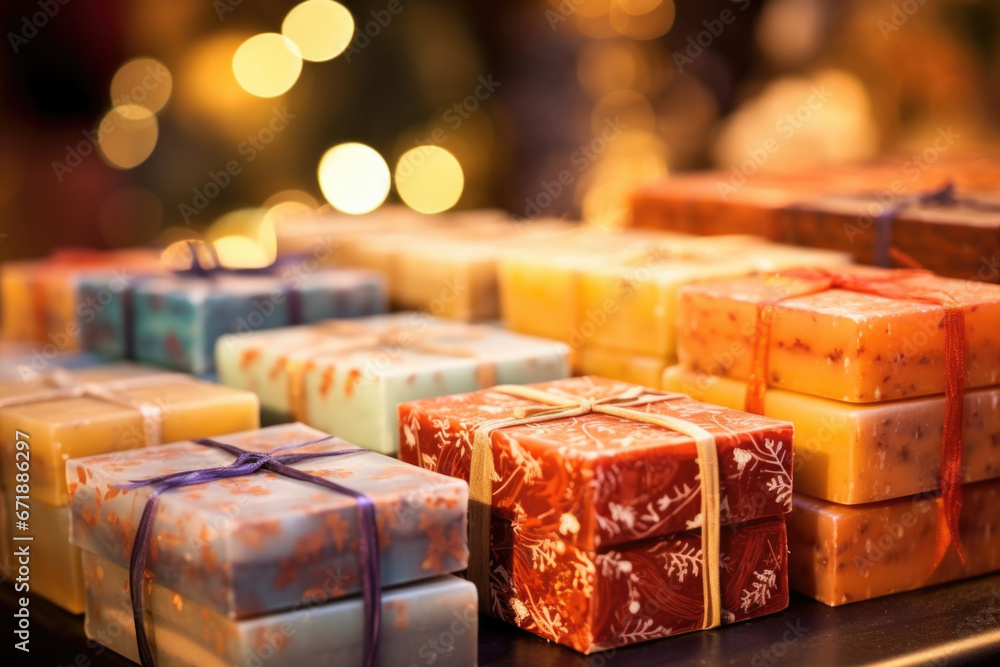 A display of handmade soap bars, each one formulated with natural ingredients and wrapped in delicate paper. A display of handmade soap bars, each one formulated with natural ingredients and wrapped in delicate paper.