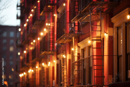 A row of fire escapes on an apartment building, each one decorated with stockings and lights, bringing a touch of Christmas to the urban landscape. © Justlight