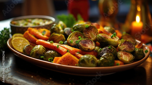 Closeup of a colorful vegetable platter, featuring roasted carrots, Brussels sprouts, and pars, tossed in a homemade garlic and herb seasoning, ideal for a Whole30 Christmas dinner.