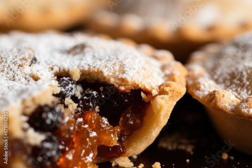 Extreme closeup of a mince pie, giving a glimpse of its crumbly shortcrust pastry and fruity filling studded with plump raisins. photo
