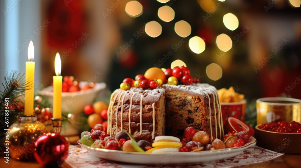 Closeup of a colorful fruitcake, a dense cake filled with nuts, fruits, and es, which originated in ancient Rome and is now enjoyed by many cultures during Christmas.