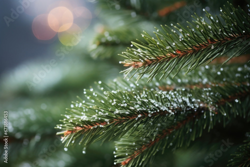Detailed shot of a single pine branch  covered in tiny delicate needles  adding texture and depth to a festive centerpiece.
