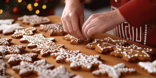 Closeup of a skilled baker meticulously icing and decorating dozens of gingerbread cookies to be sold at a holiday market.