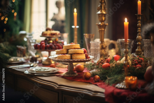 A glimpse of a wealthy merchants home in Renaissance Italy, with a lavishly decorated dining room and a feast of decadent holiday treats for guests.