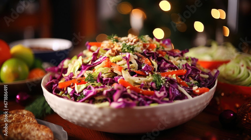 Detailed shot of a colorful bowl of Christmas slaw, made from utilizing leftover cabbage, carrots, and other veggies to create a vibrant and nutritious side dish.