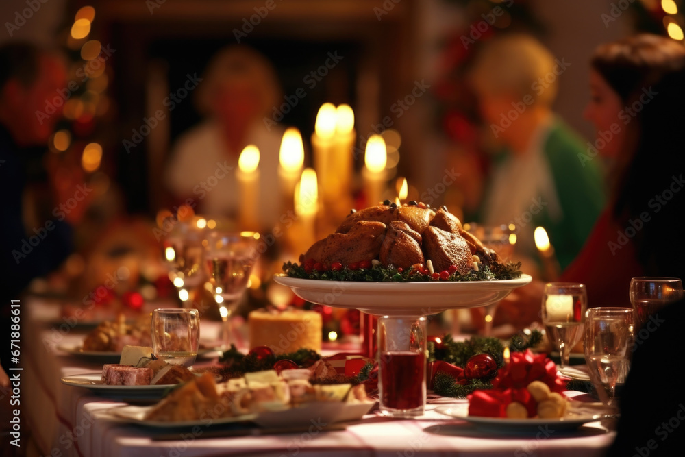 The shadowy outline of a grand Christmas feast, with a lavish table set with fine china and flickering candles. The shadows of a large family can be seen gathered around the table, laughing