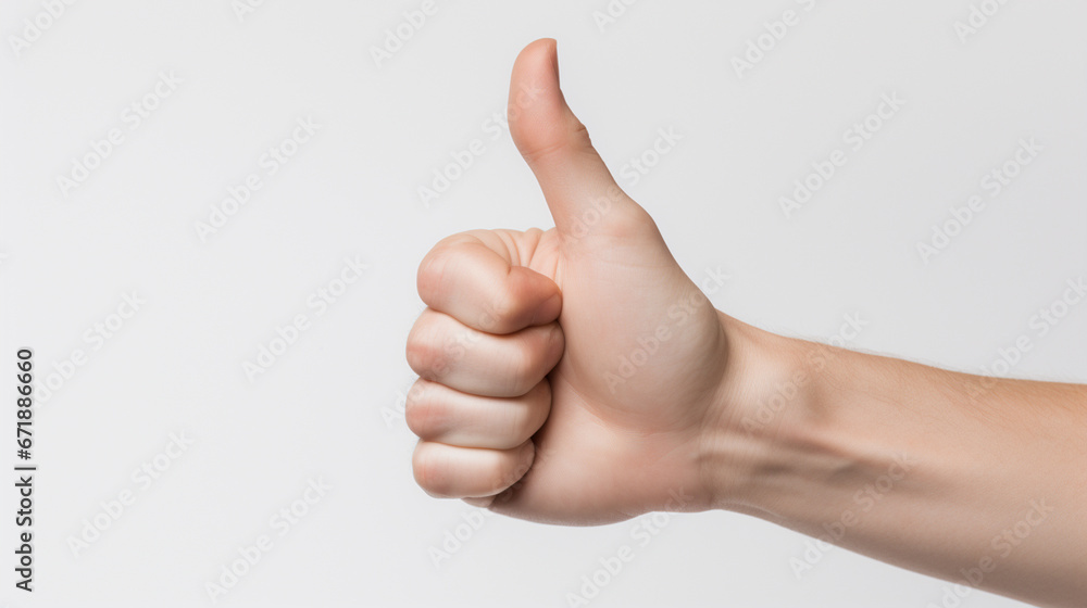 Young white male gives a confident thumbs-up in a plain white room, conveying approval and positivity
