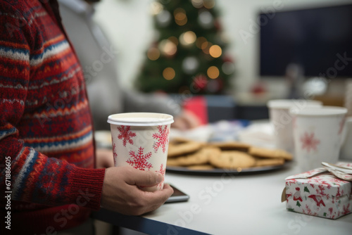 At a tech company, employees take part in a white elephant gift exchange, exchanging quirky and creative presents. The walls are decorated with DIY snowflakes and string lights, and the