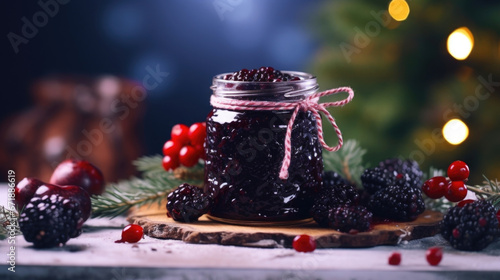 A jar of homemade jam  made with foraged elderberries and ed with ginger and cloves  ready to be spread on warm biscuits.